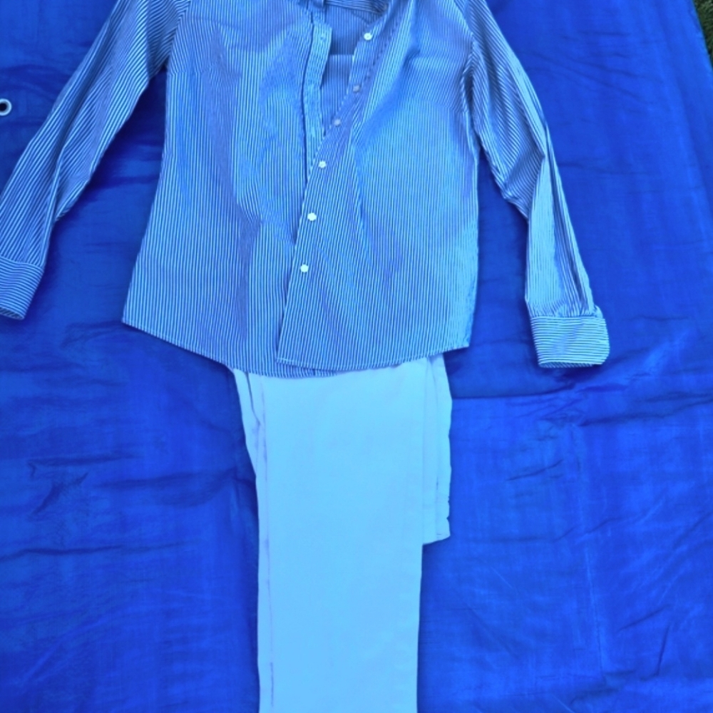 GAP Striped Button-Up Shirt - Blue and White, White Pants By LOFT